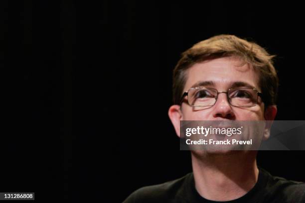 The Charlie Hebdo's cartoonist Charb attends a press conference at Theatre du Rond-Point on November 3, 2011 in Paris, France. The offices of French...