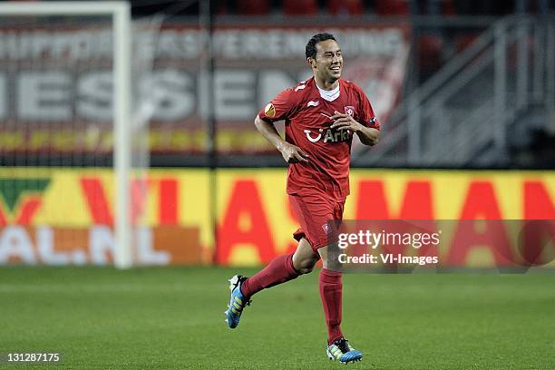 Denny Landzaat of FC Twente celebrates after scoring during the UEFA Europa League match between FC Twente and Odense BK at the Grolsch Veste on...
