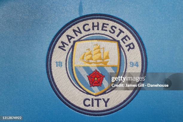 The badge of Manchester City is seen prior to the Premier League 2 match between Manchester City U23 and Liverpool U23 at Manchester City Football...