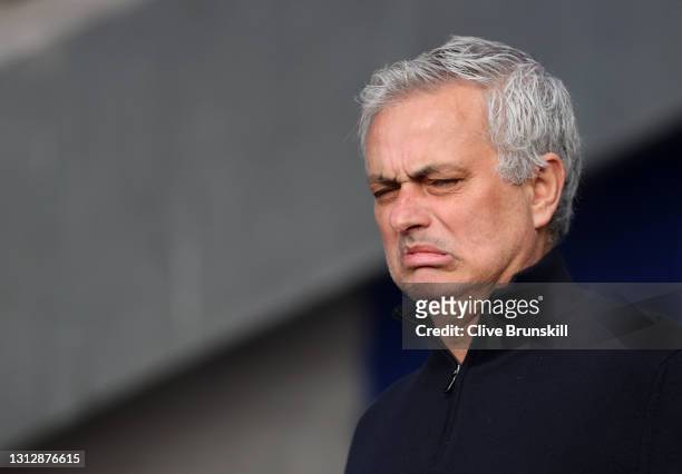 Jose Mourinho, Manager of Tottenham Hotspur reacts prior to the Premier League match between Everton and Tottenham Hotspur at Goodison Park on April...