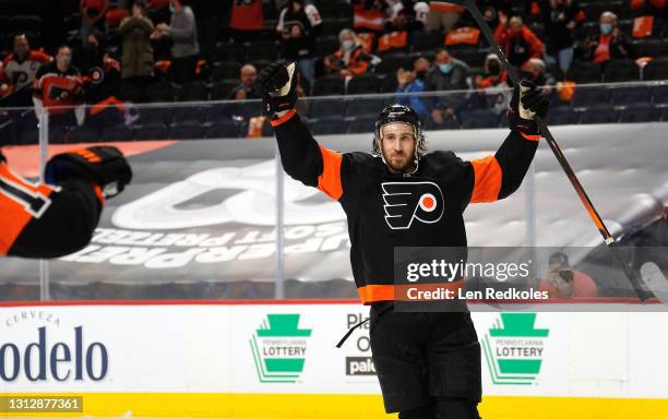 Kevin Hayes of the Philadelphia Flyers celebrates a first period goal against the Buffalo Sabres at the Wells Fargo Center on April 11, 2021 in...