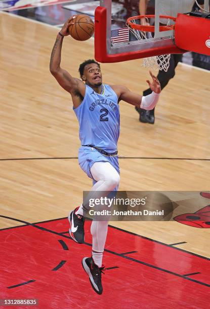 Xavier Tillman of the Memphis Grizzlies goes up for a dunk against the Chicago Bulls at the United Center on April 16, 2021 in Chicago, Illinois....