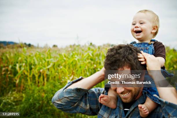 farmer holding baby boy on shoulders laughing - family support stock pictures, royalty-free photos & images