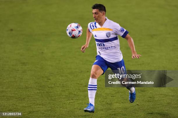 Cristian Espinoza of San Jose Earthquakes faces the ball during the first half against the Houston Dynamo FC at BBVA Stadium on April 16, 2021 in...