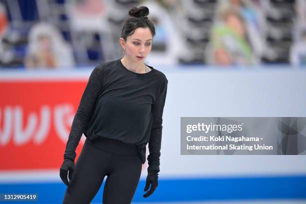 Elizaveta Tuktamysheva of Russia looks on during the training session on day three of ISU World Team Trophy at Maruzen Intec Arena Osaka on April 17,...