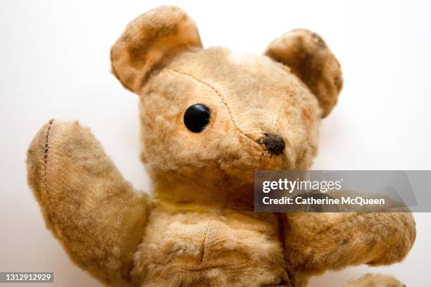 photo autopsy of a much loved teddy bear toy - old stuffed toy stock pictures, royalty-free photos & images