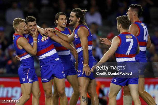 Josh Dunkley of the Bulldogs celebrates a goal during the round five AFL match between the Western Bulldogs and the Gold Coast Titans at Marvel...