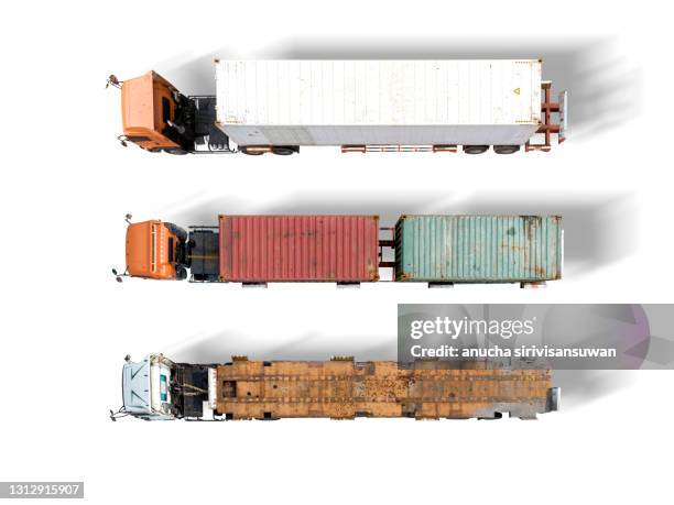 aerial top view trucks and trailers with clipping paths. - white van profile stock pictures, royalty-free photos & images