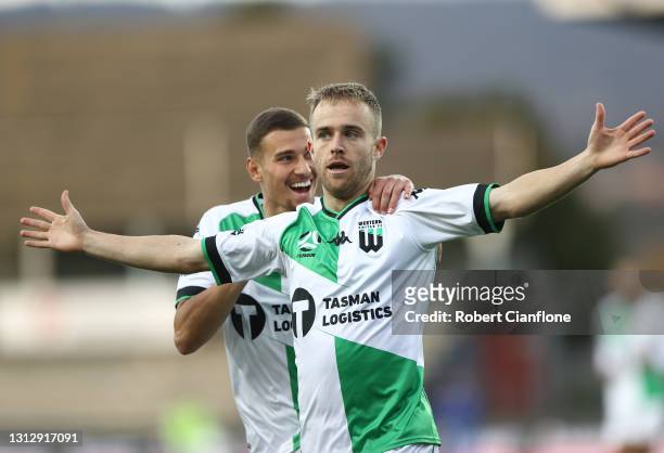 Connor Pain of Western United celebrates after scoring a goal during the A-League match between Western United FC and the Central Coast Mariners at...