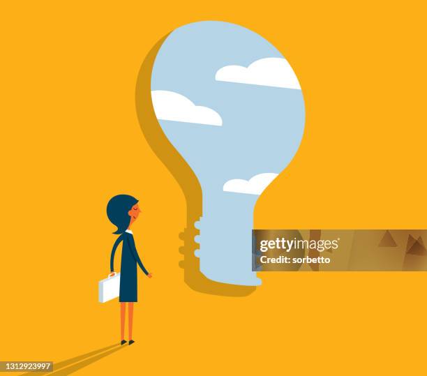light bulb idea - businesswoman - reflection window stock illustrations
