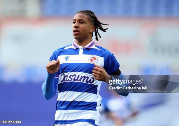 Michael Olise of Reading during the Sky Bet Championship match between Reading and Cardiff City at Madejski Stadium on April 16, 2021 in Reading,...
