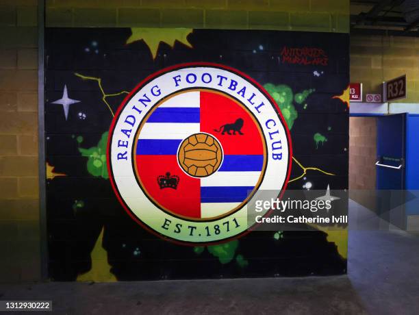 Mural of the Reading club badge on a wall inside the stadium ahead of the Sky Bet Championship match between Reading and Cardiff City at Madejski...