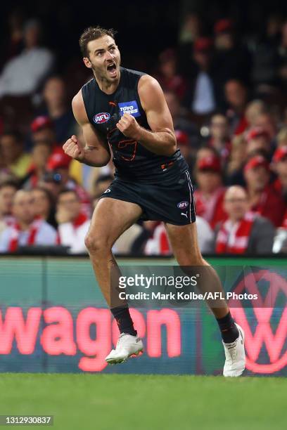 Jeremy Finlayson of the Giants celebrates kicking a goal during the round five AFL match between the Sydney Swans and the Greater Western Sydney...