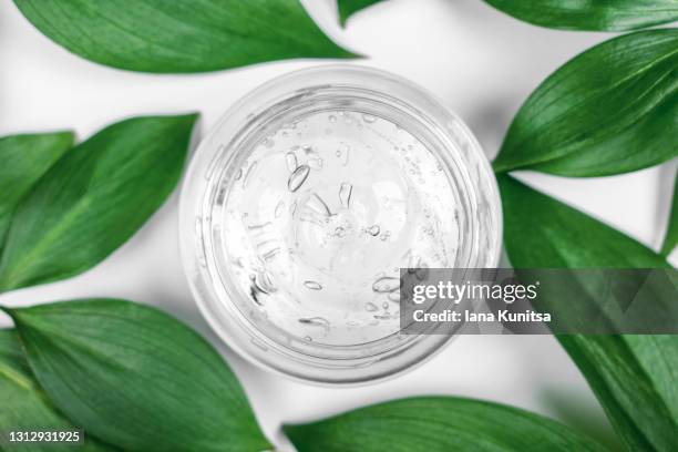 jar of delicate clear moisturizer essence face cream, face gel, serum on white background with green leaves. cosmetic products for skin care and makeup. - gel pour les cheveux photos et images de collection