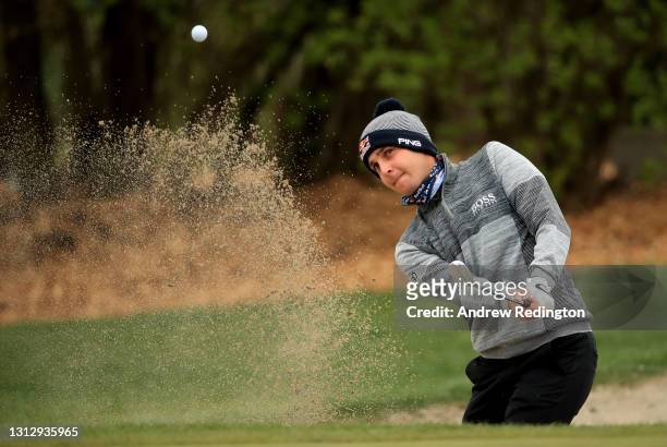 Matthias Schwab of Austria plays his third shot from a bunker on the 9th hole during Day Three of the Austrian Golf Open at Diamond Country Club on...