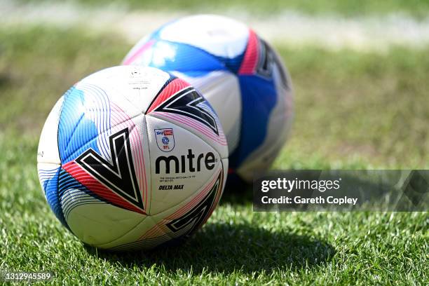 The Mitre Delta Max match ball is seen on the pitch prior to the Sky Bet Championship match between Stoke City and Preston North End at Bet365...