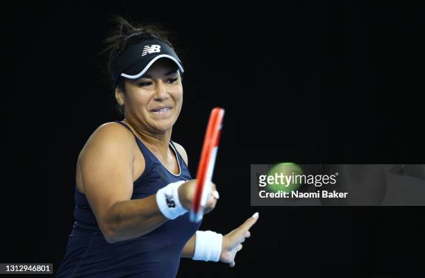 Heather Watson of Great Britain plays a forehand shot during match three between Heather Watson of Great Britain and Marcela Zacarías of Mexico...