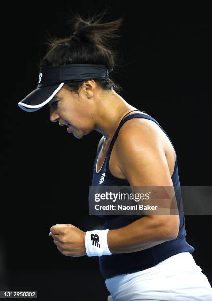 Heather Watson of Great Britain celebrates a point during match three between Heather Watson of Great Britain and Marcela Zacarías of Mexico during...