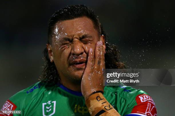 Josh Papalii of the Raiders splashes water on his face during the round six NRL match between the Canberra Raiders and the Parramatta Eels at GIO...