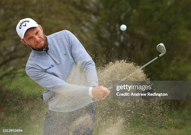 Maximilian Kieffer of Germany plays his third shot on the first hole during Day Three of the Austrian Golf Open at Diamond Country Club on April 17,...