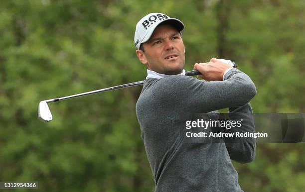 Martin Kaymer of Germany hits his tee-shot on the second hole during Day Three of the Austrian Golf Open at Diamond Country Club on April 17, 2021 in...