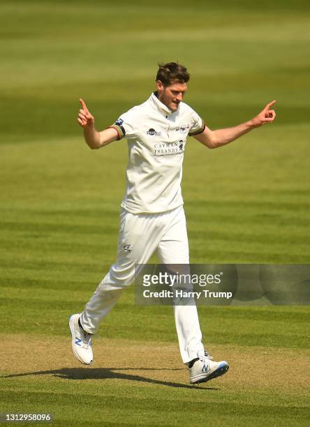 David Payne of Gloucestershire celebrates after taking the wicket of Steve Davies of Somerset during Day Three of the LV= Insurance County...