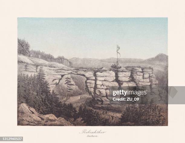 pravčická brána (german: prebischtor), czech republic, chromolithograph, published in 1868 - saxon switzerland national park stock illustrations