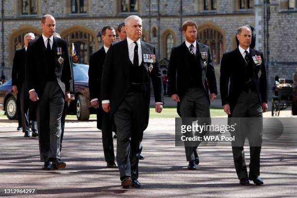 Prince William, Duke of Cambridge, Prince Andrew, Duke of York, Prince Harry, Duke of Sussex and Prince Edward, Earl of Wessex during the funeral of...