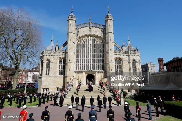 The Duke of Edinburgh’s coffin, covered with His Royal Highness’s Personal Standard arrives at St George’s Chapel carried by a bearer party found by...