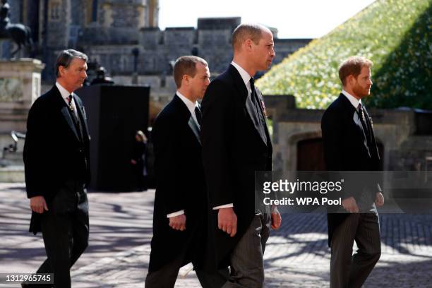 Vice-Admiral Sir Timothy Laurence, Peter Phillips, Prince William, Duke of Cambridge and Prince Harry, Duke of Sussex during the Ceremonial...