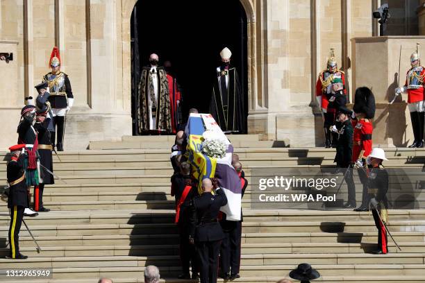 The Duke of Edinburgh’s coffin, covered with His Royal Highness’s Personal Standard arrives at St George’s Chapel carried by a bearer party found by...