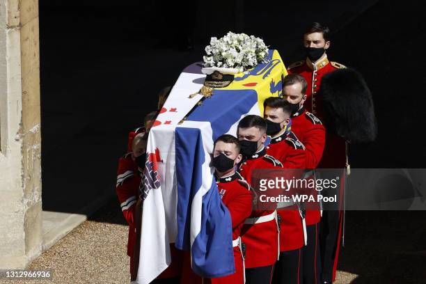 The bearer Party found by The Queen’s Company, 1st Battalion Grenadier Guards carry the coffin of HRH Prince Philip, Duke of Edinburgh to the purpose...