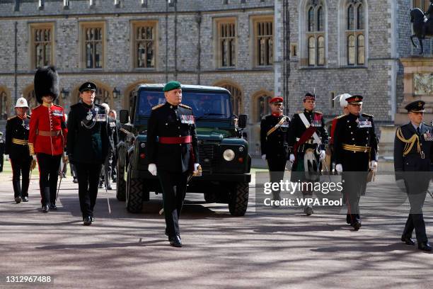 The Duke of Edinburgh’s coffin, covered with His Royal Highness’s Personal Standardis carried in a purpose built Land Rover during the Ceremonial...