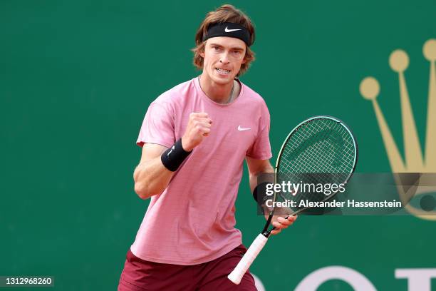 Andrey Rublev of Russia celebrates winning a point during the semi-final match against Casper Ruud of Norway on day seven of the Rolex Monte-Carlo...