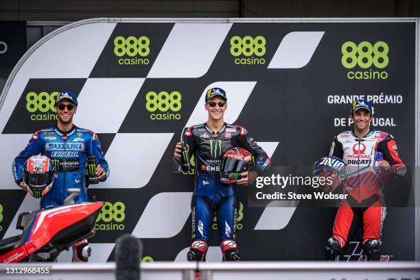 MotoGP Top-3 at parc ferme Fabio Quartararo of France and Monster Energy Yamaha MotoGP , Alex Rins of Spain and Team SUZUKI ECSTAR and Johann Zarco...