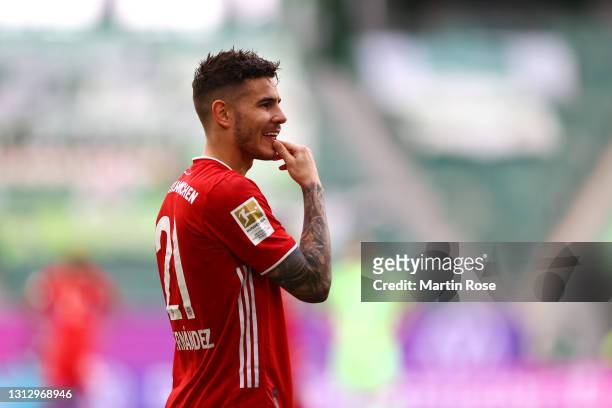 Lucas Hernandez of FC Bayern Muenchen reacts during the Bundesliga match between VfL Wolfsburg and FC Bayern Muenchen at Volkswagen Arena on April...