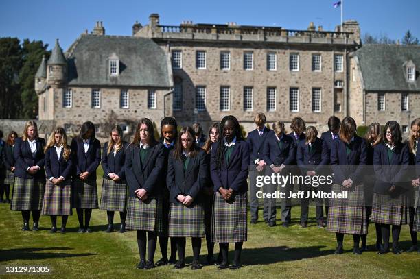 Pupils and staff from Gordonstoun school observe a three-minute silence in memory of former pupil Prince Phillip, The Duke of Edinburgh on April 17,...