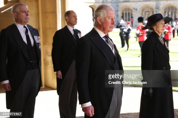 Prince Andrew, Duke of York, Prince Edward, Earl of Wessex, Prince Charles, Prince of Wales and Princess Anne, Princess Royal during the funeral of...