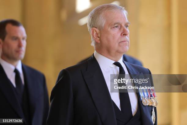 Peter Phillips and Prince Andrew, Duke of York during the funeral of Prince Philip, Duke of Edinburgh at Windsor Castle on April 17, 2021 in Windsor,...
