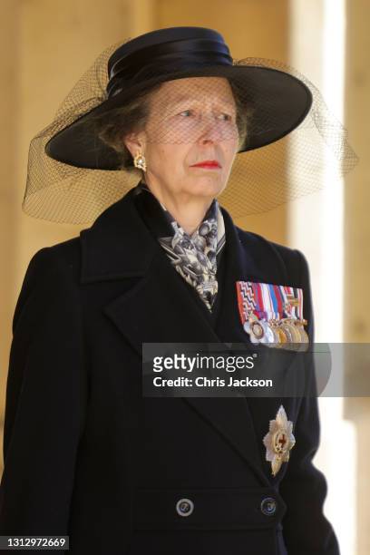 Princess Anne, Princess Royal during the Ceremonial Procession during the funeral of Prince Philip, Duke of Edinburgh at Windsor Castle on April 17,...