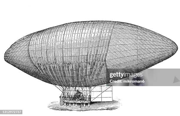 old engraved illustration of historic flying machine, blimp - air ship "deutschland", constructed by friedrich hermann wölfert - blimp stock-fotos und bilder