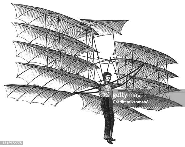 old engraved illustration of historic flying machine, twelve-winged glider (1896), constructed by octave chanute - invented stock pictures, royalty-free photos & images