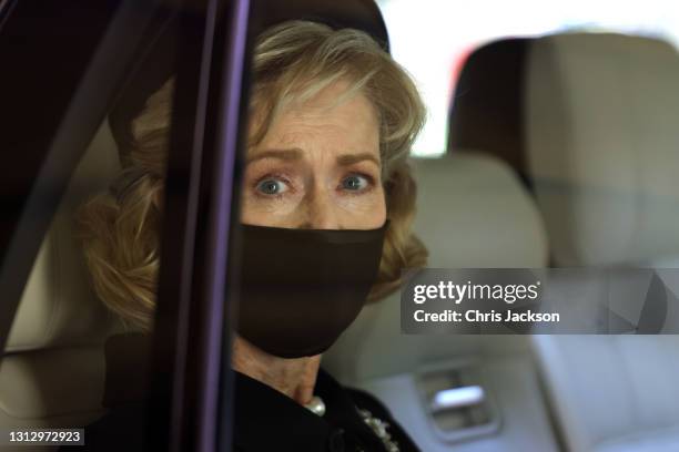 Penelope Knatchbull, Countess Mountbatten of Burma arrives for the funeral of Prince Philip, Duke of Edinburgh at Windsor Castle on April 17, 2021 in...