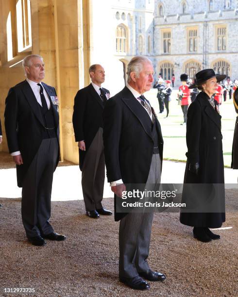 Prince Andrew, Duke of York, Prince Edward, Earl of Wessex, Prince Charles, Prince of Wales, and Princess Anne, Princess Royal during the funeral of...