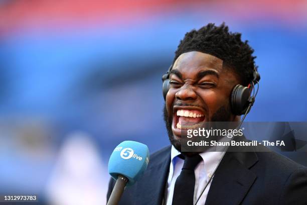 Micah Richards, Pundit and former Manchester City player reacts prior to the Semi Final of the Emirates FA Cup match between Manchester City and...