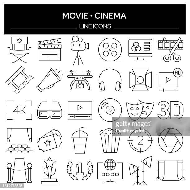 ilustraciones, imágenes clip art, dibujos animados e iconos de stock de conjunto de iconos de línea relacionados con el cine y la película. colección de símbolos de contorno, trazo editable - dvd
