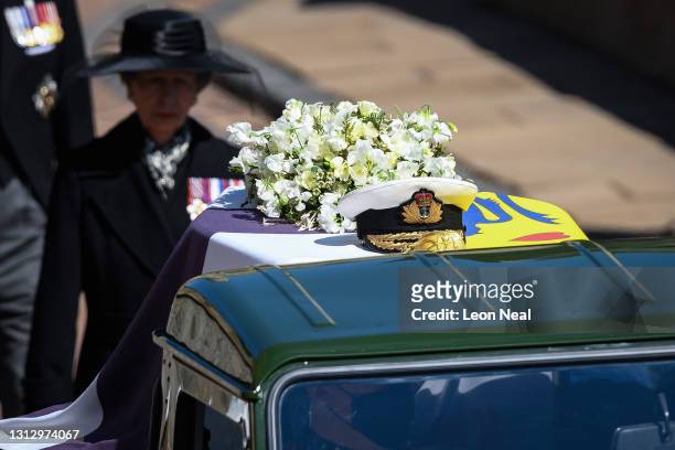 Princess Anne, Princess Royal during the funeral of Prince Philip, Duke of Edinburgh at Windsor Castle on April 17, 2021 in Windsor, England. Prince...