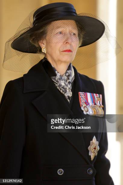Princess Anne, Princess Royal during the funeral of Prince Philip, Duke of Edinburgh at Windsor Castle on April 17, 2021 in Windsor, England. Prince...