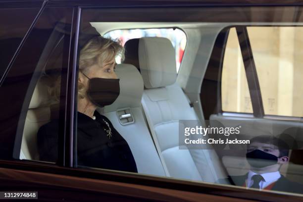 Penelope Knatchbull, Countess Mountbatten of Burma arrives for the funeral of Prince Philip, Duke of Edinburgh at Windsor Castle on April 17, 2021 in...