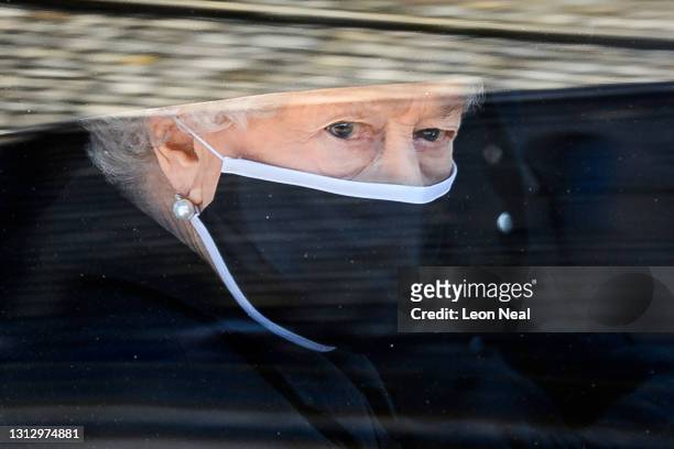 Queen Elizabeth II during the funeral of Prince Philip, Duke of Edinburgh at Windsor Castle on April 17, 2021 in Windsor, England. Prince Philip of...